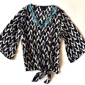 Rafaella Black & White Zigzag Tie-Hem Top with Blue-Green Embellished V-Neck